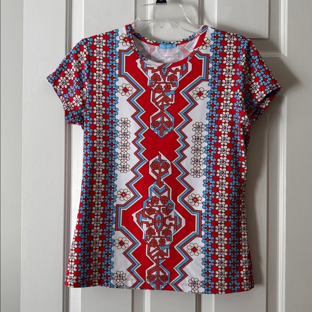 J. McLaughlin Red and Blue Floral Nylon/Spandex Top - M